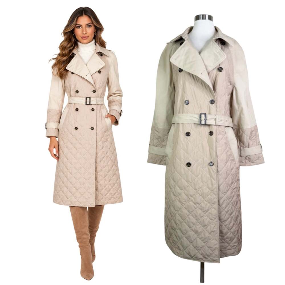 NEW Ann Taylor | Quilted Trench Coat Double Breasted Beige Khaki Jacket XL